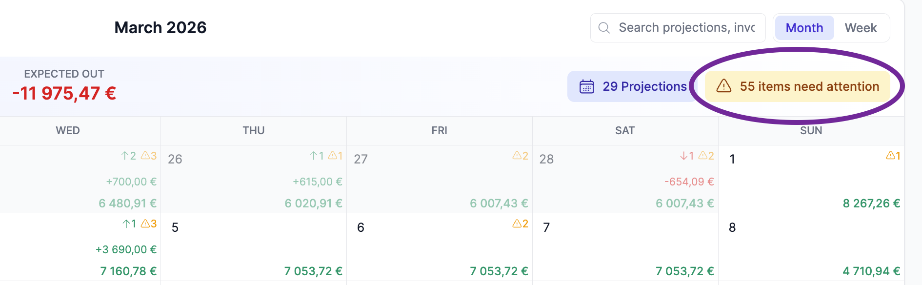 BinarBase calendar showing amber attention indicators for items needing review