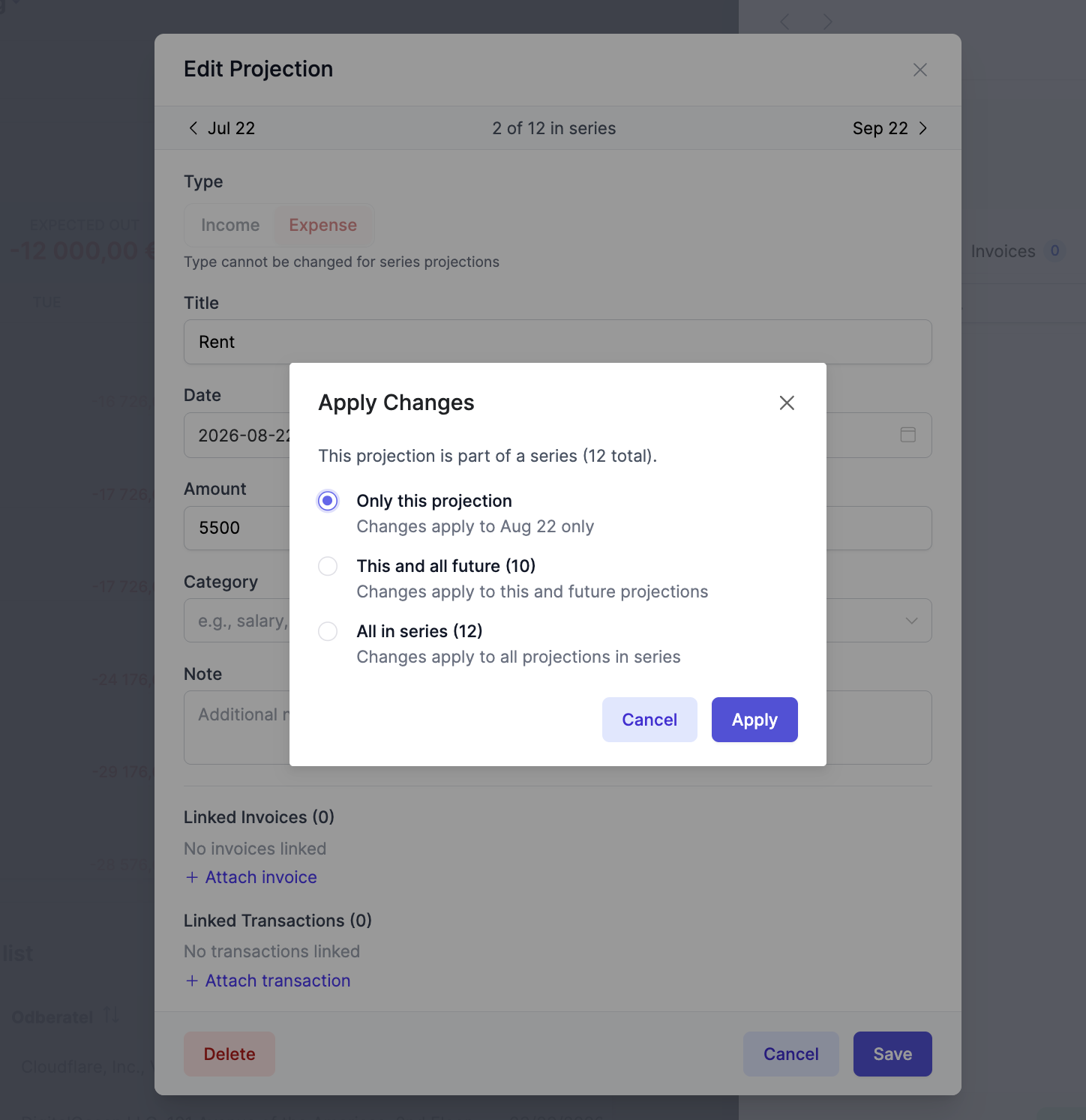 BinarBase edit projection dialog showing linked invoices and transactions sections with attach options